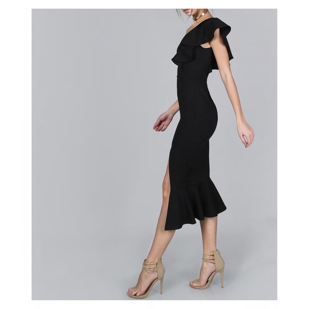 Black One Shoulder Ruffle Bodycon Midi Dress - Picture 2 of 6